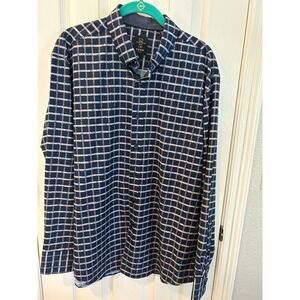 Michael Strahan Button Down Navy Blue Slim Fit Floral Grid Stretch‎ Dress Shirt
